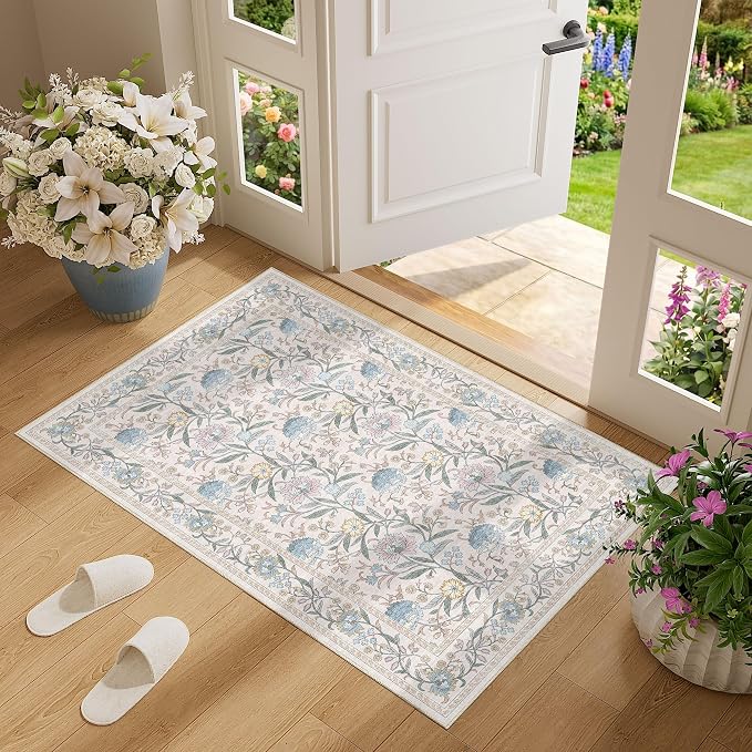 DUKINO 2x3 Rug, Washable Vintage Floral Bathroom Rugs Non Slip, Cream Blue | Low Pile, Stain Resistant Boho Soft Indoor Door Mat, Small Front Door Carpet for Entryway Kitchen Laundry Bedroom Farmhouse