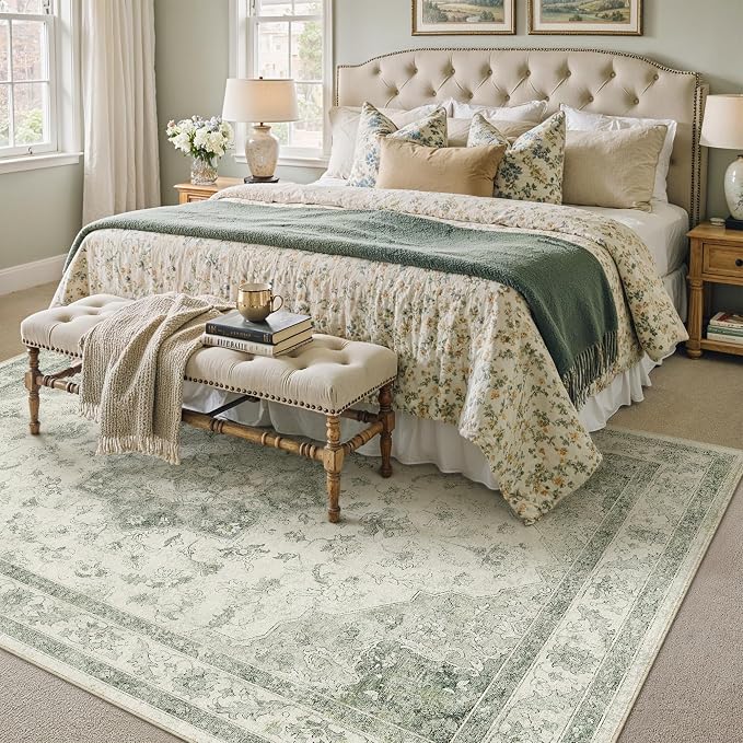 PureCozy Green Area Rug 6x9 Washable Living Room Carpet Vintage Non Slip Soft Bedroom Indoor Office Retro Low Pile Thin Oriental Medallion Large Rug for Dining Room Playroom