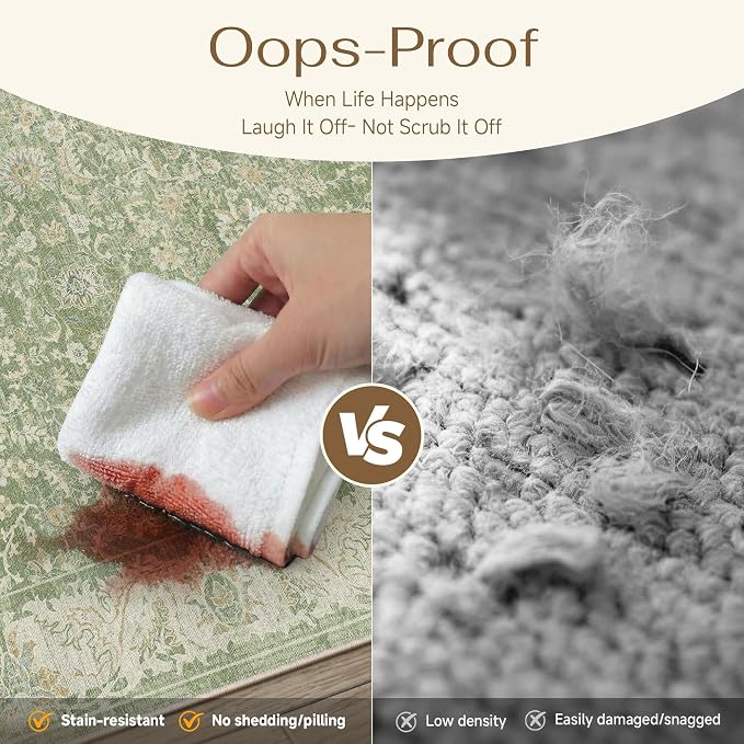 5x7 Green Washable Area Rug Non Slip Retro Distressed Carpet | Soft Low Pile, Lightweight Foldable, Pet Friendly, Living Room, Bedroom, Dining Room, Classroom, Playroom