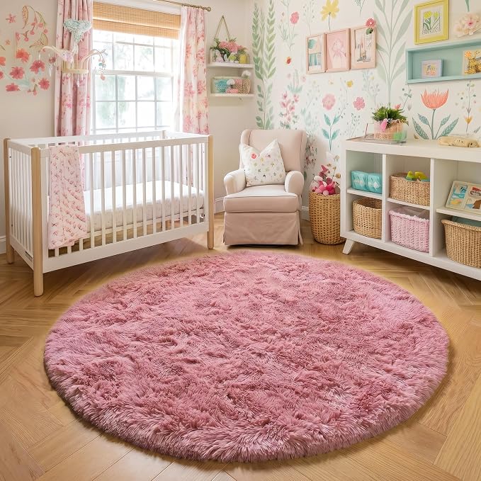 Blush Pink Round Rug 6Ft for Bedroom, Fluffy Fuzzy Plush Circle Area Rugs for Baby Kids Room Decor Aesthetic, Shaggy Circular Carpet for Girls Nursery Dorm Playroom, Cute Large Dusty Rose Mauve Rug