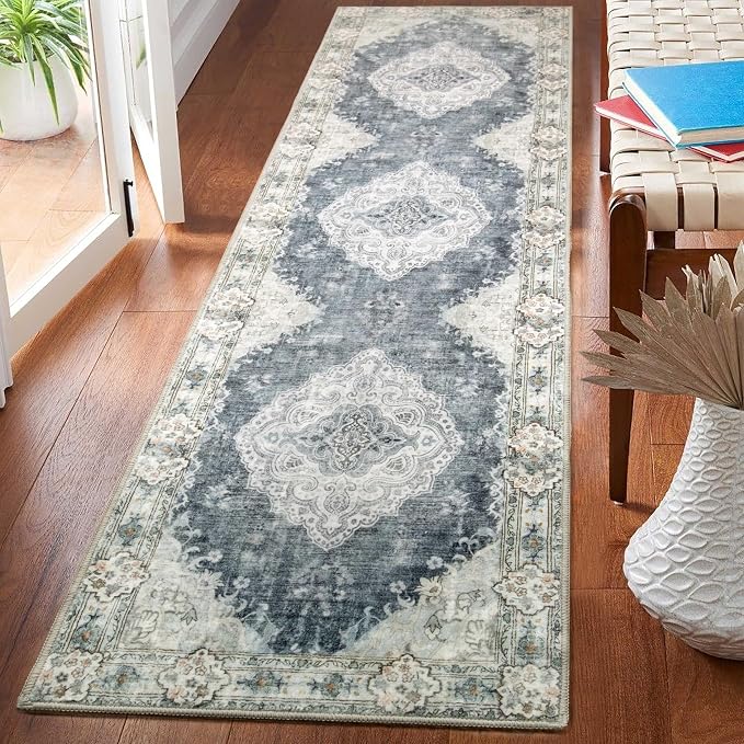 MUJOO Washable Runner Rug 2x8 Area Rugs Non Slip Low-Pile Flowers | Long Throw Carpet for Hallways Entryway Kitchen Bathroom Bedside Bedroom Laundry Boho Soft Indoor Floral Blue and Grey