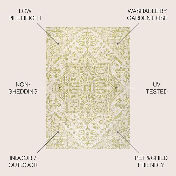 JONATHAN Y Boho Medallion Indoor Outdoor Area Rug 5X8 Cream/Green, Estrella Textured Weave for Backyard, Patio, Porch, Easy-Cleaning, High Traffic, Pet-Friendly, Non-Shedding (SMB105E-5)
