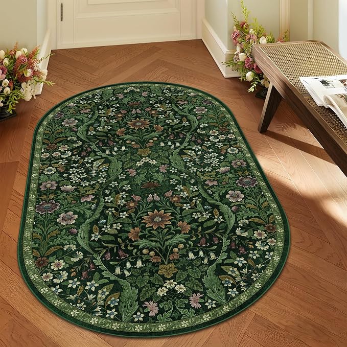 3x5 Oval Rug Dark Green Floral Washable Rug,Soft Lightweight Low Pile Non-Shedding Carpet,Machine Washable Stain Resistant Non-Slip for Entryway,Bedroom,Mudroom,Living Room