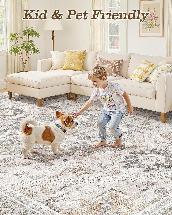 8ft Round Area Rug: Washable Vintage Neutral Soft Non Slip Thin Large Floor Carpet for Living Room Bedroom Kitchen Dining Room Home Office Farmhouse Indoor - Taupe