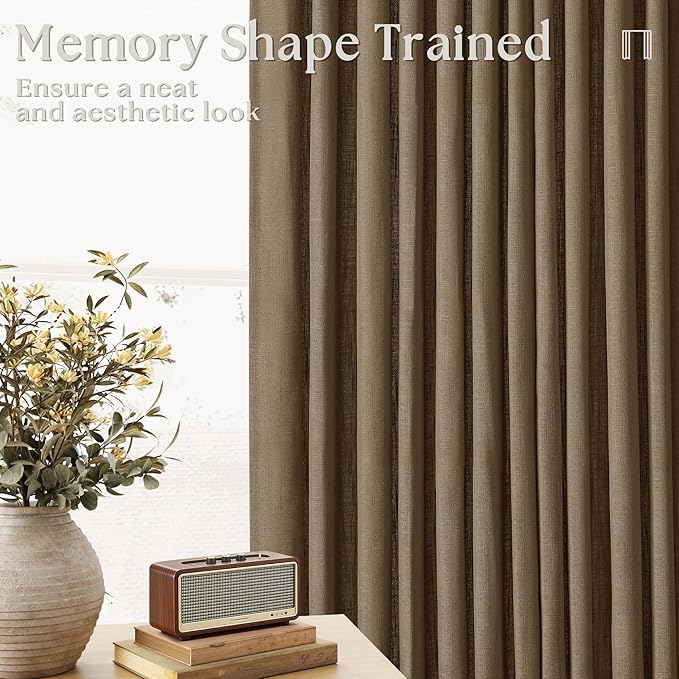 Dutch Cocoa Pinch Pleat Linen Curtains 120 Inches Long 60 Inch Wide 1 Panel | Light Filtering Semi Sheer Privacy, 400GSM Fabric Memory Shape, Pinch Pleated, for Sliding Door Living Room Bedroom, W60xL120