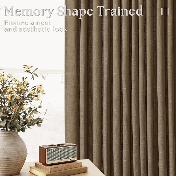 Dutch Cocoa Pinch Pleat Linen Curtains 96 Inches Long 60 Inch Wide 1 Panel | Light Filtering Semi Sheer Privacy, Room Divider, Pinch Pleat Curtains for Sliding Door Dining Bedroom Large Window, W60xL96