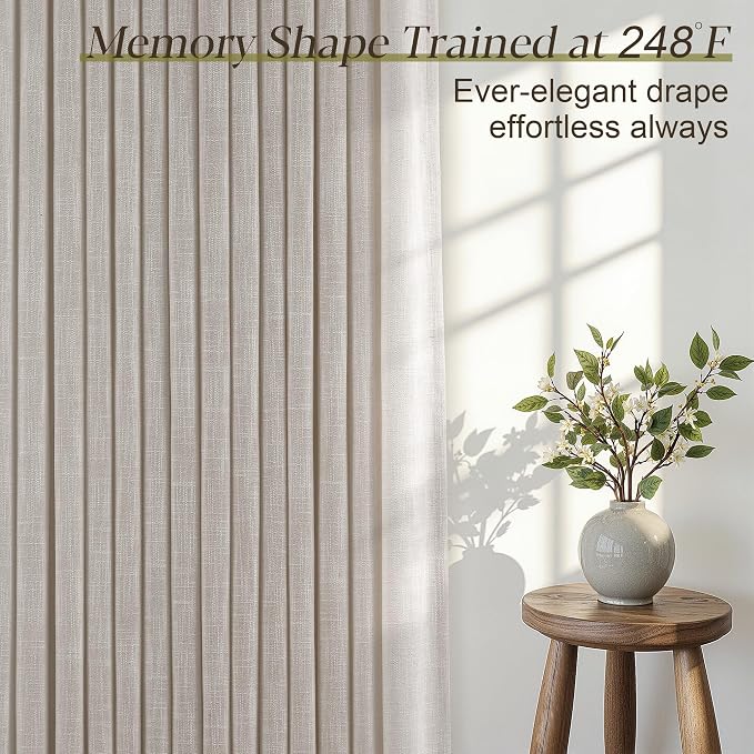 Pinch Pleated Linen Curtains 90 Inches Long 2 Panels for Living Room Bedroom Light Filtering Curtain Memory Shape Trained Pinch Pleat Thick Linen Drapes Back Tab with Hooks Clip Rings Taupe