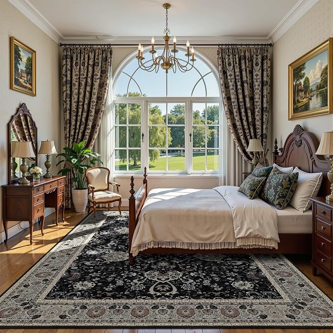 Floral Living Room Rug 5x7 Washable Rugs Boho Vintage Oriental Large Foldable Faux Wool Carpet for Bedroom Nursery Room Dorm Kids Playroom Home Office Blcak Navy Multi