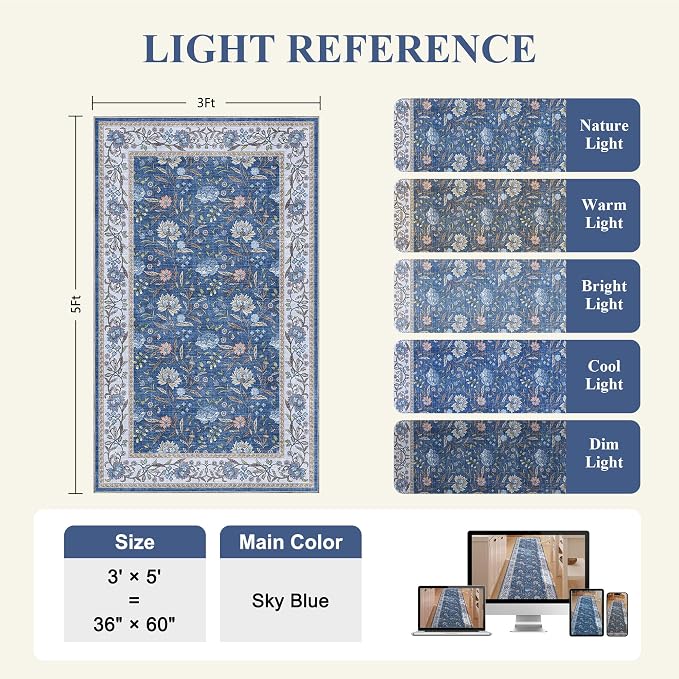 DUKINO 3x5 Rug, Washable Vintage Floral Bedroom Area Rug Non Slip, Sky Blue | Low Pile, Non-Shedding, Stain Resistant Boho Lightweight Soft Indoor Carpet for Bathroom Office Dining Living Room Farmhouse