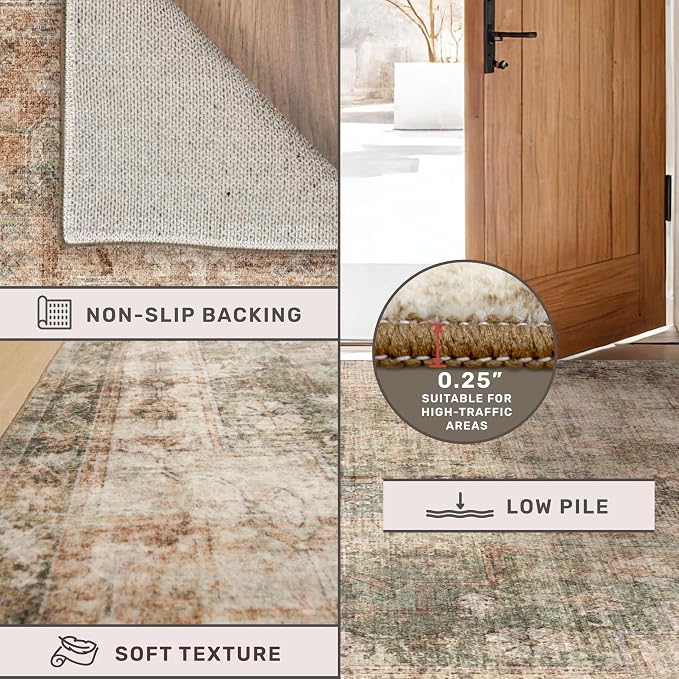 Hazo Haus Vintage Dark 6x9 Living Room Rug - Green and Brown Modern Abstract Rug for Dining Room Under Table, Bedroom, Washable Non Slip Soft Rust Taupe Faded Print Mat