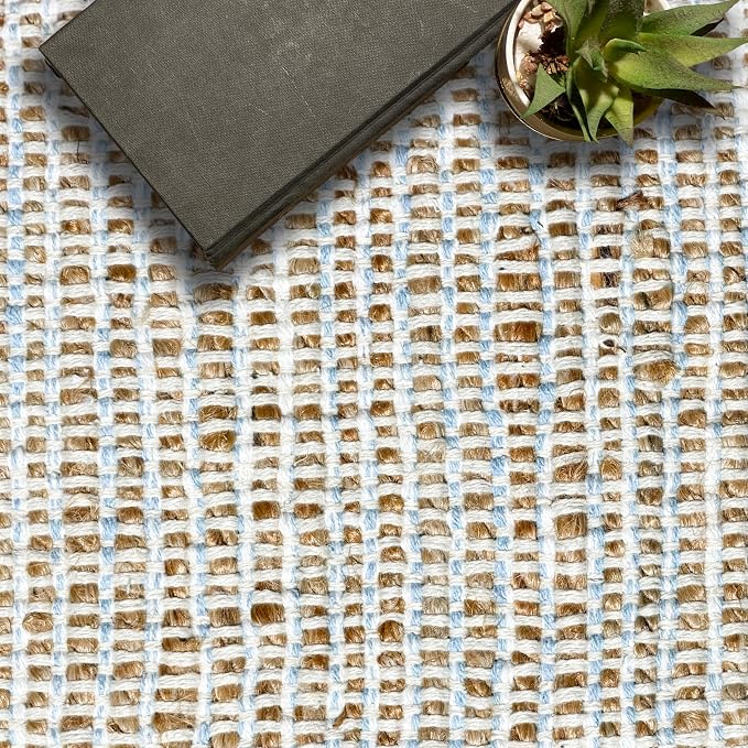 Chardin home 6x9 Jute Cotton Hand Woven Area Rug, Natural Jute Cream Blue Braided Boho Farmhouse Rug, Reversible Rustic Natural Fiber Carpet for Living Room Bedroom Dining Room
