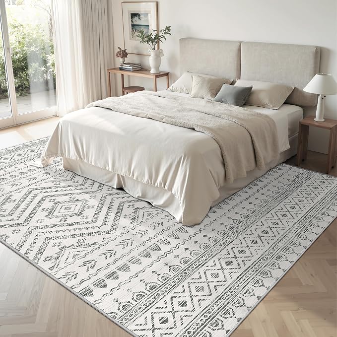 Miukiki 5x7 Area Rug for Living Room Moroccan Washable Rugs Non Slip Indoor Floor Carpet Foldable Large Soft Area Rug for Dining Room Bedroom with Low Pile(Grey,5'x7')