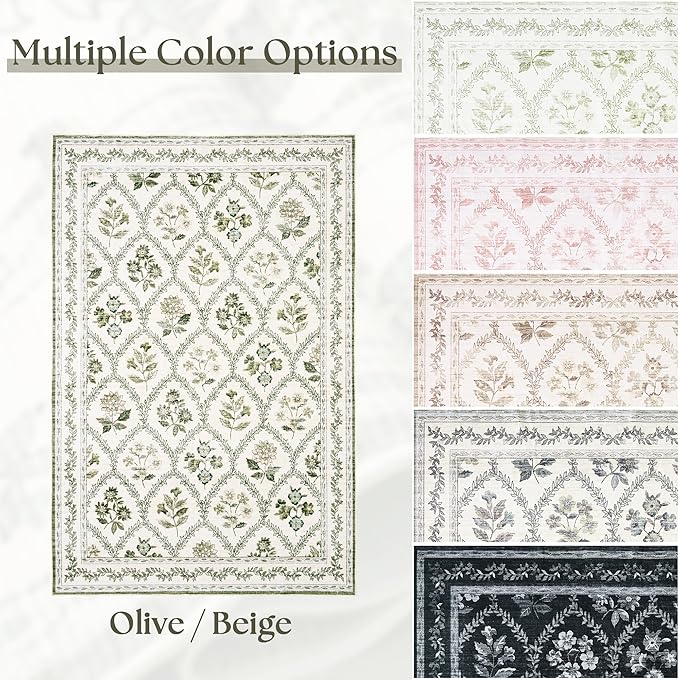 Olive Green Area Rugs Washable Rug for Living Room Big Bedroom Faux Wool Soft No Slip Floral Emerald Hunter Green and Beige Boho Vintage Extra Large Carpet for Dining Room Under Table 10x12