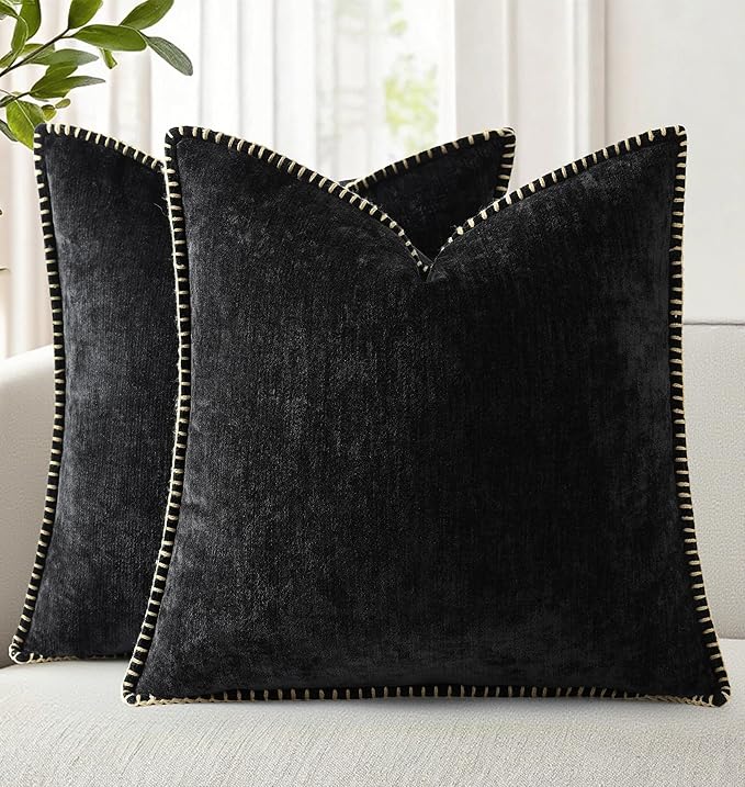 decorUhome Soft Chenille Throw Pillow Covers 18x18 Set of 2 Black | Fall Textured Decorative Throw Pillow Cases Stitched Edge Modern Farmhouse Luxury Boho Velvet for Couch Sofa Bed Home Decor