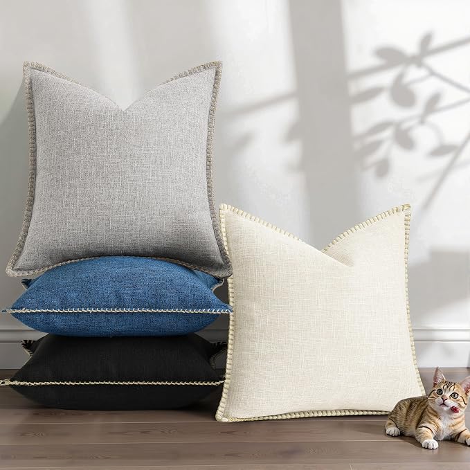 decorUhome Dark Blue Faux Linen Outdoor Throw Pillow Covers 26x26 Set of 2 | Fall Decorative Textured Neutral Modern Farmhouse Pillow Covers with Stitched Edge for Couch Sofa Bed Living Room