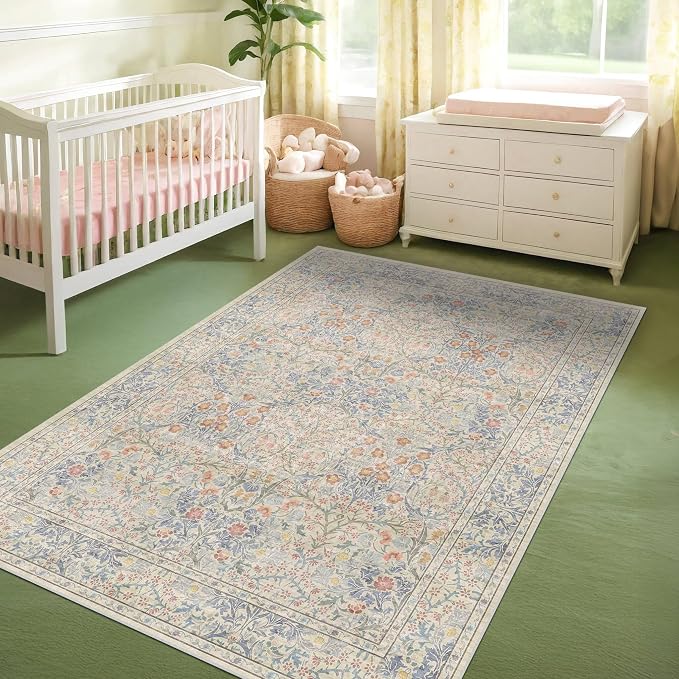 Hazo Haus Vintage Washable Beige Blue Area Rugs for Bedroom Under Bed, Living Room, Nursery, Kitchen, Entryway, Low Pile Non Slip Stain Resistance Distressed Retro Indoor (Beige Blue, 4 x 6)
