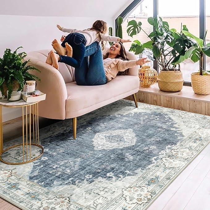MUJOO Boho Rug 4'x6.5' Area Rugs Washable Non Slip Low-Pile Floral | Machine Washable Throw Carpet for Bedroom Living Room Office Entryway Small Soft Floor Indoor Accent Flowers Blue and Grey