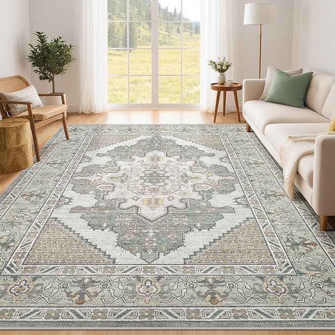 Tortania Area Rug Living Room Rugs - 6x9 Washable Boho Rug Vintage Oriental Distressed Farmhouse Large Thin Indoor Carpet for Living Room Bedroom Under Dining Table Home Office - Sage Green