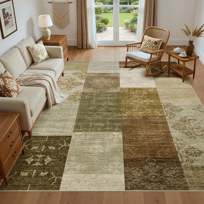 UERMEI 10x12 Area Rug for Living Room - Washable Neutral Modern Abstract Carpet, Non-Slip Soft Large Indoor Floor Rugs for Bedroom Home Office & Under Dining Table Decor, Brown/Green