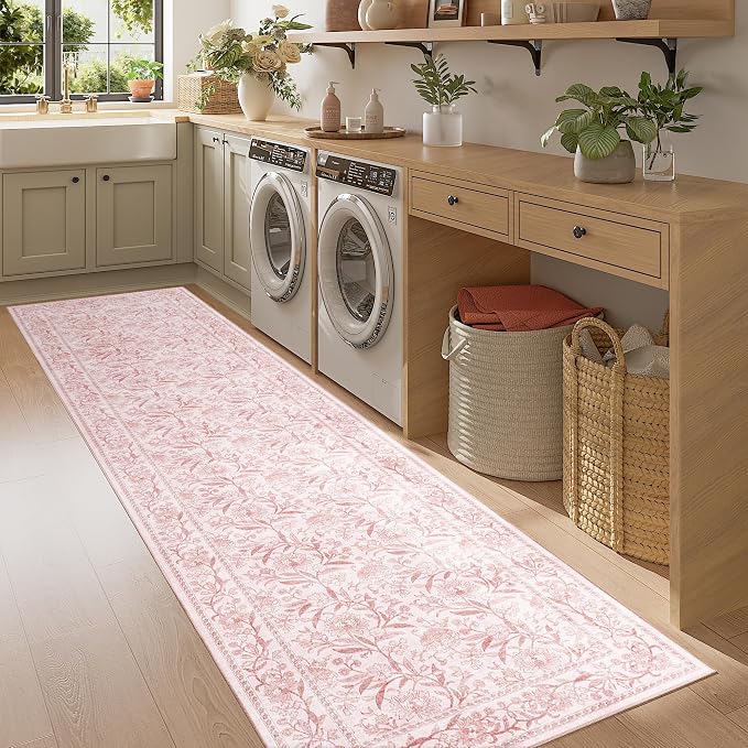 DUKINO 2x8 Runner Rug, Washable Vintage Floral Kitchen Rugs, Light Pink | Non Slip, Low Pile, Stain Resistant Aesthetic Soft Carpet Runner for Hallway Bathroom Entryway Bedroom Farmhouse Laundry Room