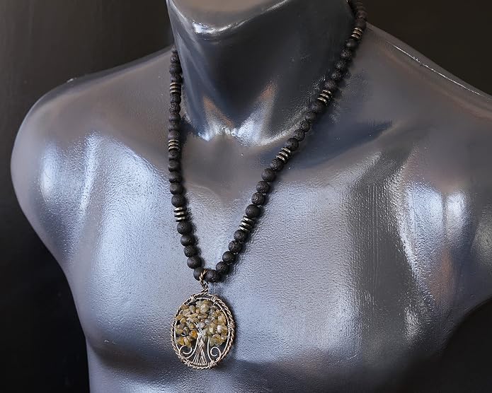 ElisaJewelryArt - Natural Labradorite Big Tree Of Life Black Lava Stone Beaded Necklace Genuine Gemstone Energy Stone Clasp Closure Necklace Unisex Necklace
