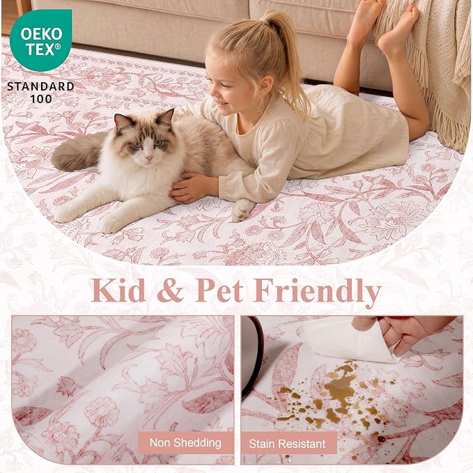 DUKINO 4x6 Area Rug, Washable Vintage Floral Rug for Living Room Light Pink | Non Slip, Low Pile, Stain Resistant Boho Lightweight Soft Indoor Carpet for Bedroom Office Dining Room Entryway Farmhouse