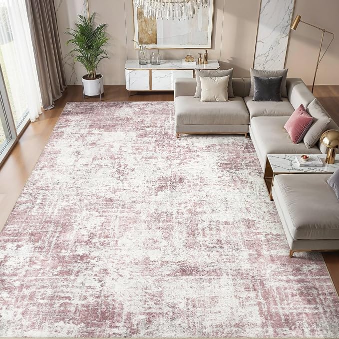 Washable 9x12 Area Rug for Living Room - Modern Abstract Carpet with Non-Slip Backing, Low Pile & Soft, Stain Resistant, Kid & Pet Friendly Decor for Bedroom & Dining Room - Pink