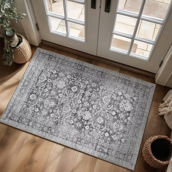 Washable 3x5 Entryway Rug, Boho Vintage Non-Slip Door Mat, Grey | 0.3" Neutral Throw Small Rugs for Bedroom Kitchen Nursery Entrance, Cushioned for High-traffic Area