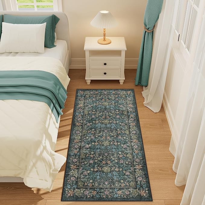 DUKINO 2x4 Rug, Washable Vintage Floral Bathroom Runner Rug, Blue | Non Slip, Low Pile, Stain Resistant, Aesthetic Lightweight Soft Indoor Carpet for Kitchen Entryway Hallway Bathroom Bedroom