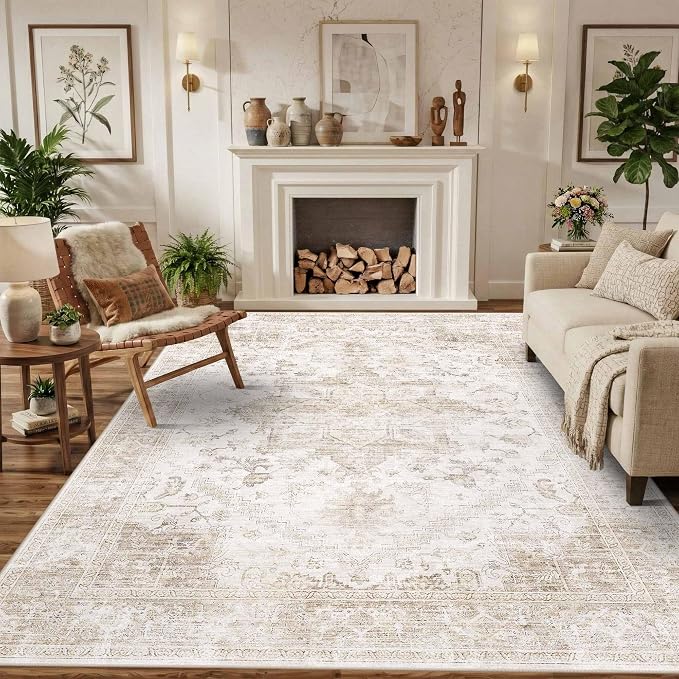 Rugxara 6x9 Washable Area Rug for Living Room, Neutral Vintage Large Boho Rugs for Office, Dining Room, Kids Room, Farmhouse, Durable Low Pile Non Slip Carpet for High Traffic Areas, Beige