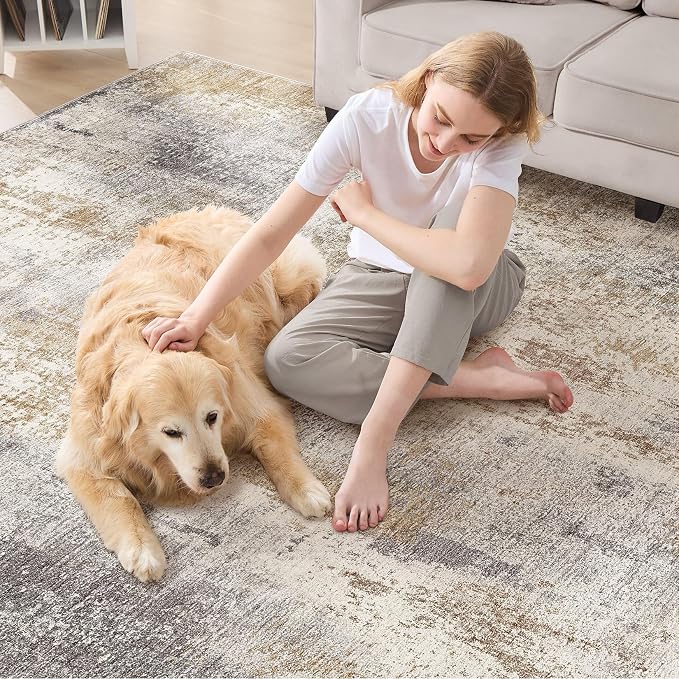 DMOYEST Area Rug Living Room Rugs - 5x7 Washable Soft Indoor Neutral Modern Abstract Low Pile Rug Carpet for Bedroom Dining Room Farmhouse Home Office - Brown Grey