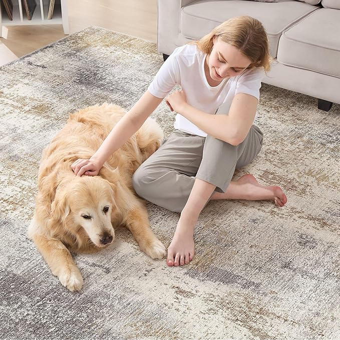 DMOYEST Area Rug Living Room Rugs - 9x12 Washable Large Soft Indoor Neutral Modern Abstract Low Pile Rug Carpet for Bedroom Dining Room Farmhouse Home Office - Brown Grey