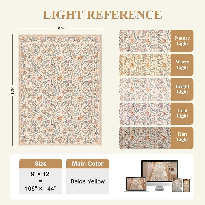 DUKINO 9x12 Area Rug for Living Room, Vintage Floral Washable Rug, Beige | Non Slip, Low Pile, Non-Shedding, Stain Resistant, Aesthetic Soft Indoor Large Carpet for Bedroom Dining Room Farmhouse