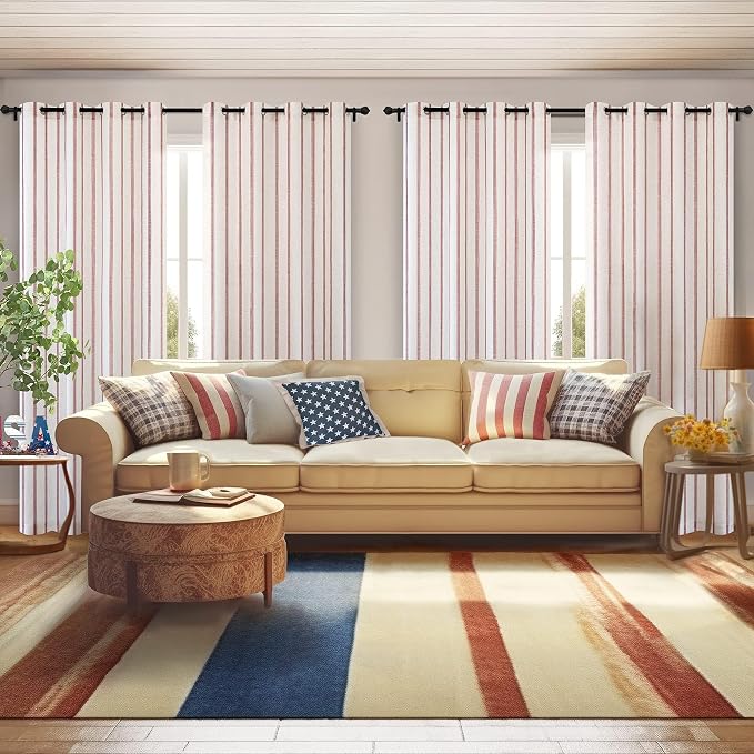DriftAway Farmhouse Linen Stripe Blackout Curtains, W52xL90, Red | Blackout, Linen Texture, Stripe Pattern, Rod Pocket & Back Tab, Two Layers, Bedroom Living Room Use, Sound Reducing Design