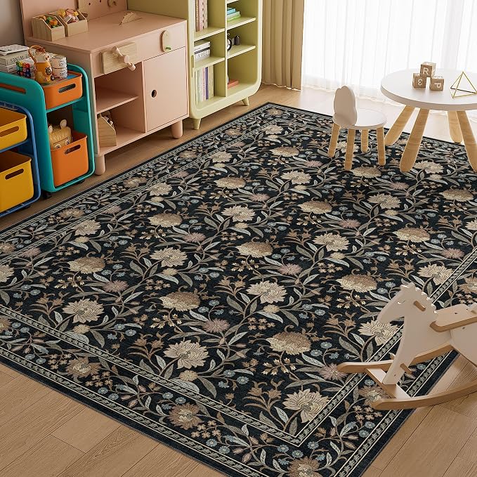 DUKINO 9x12 Area Rug for Living Room, Vintage Floral Washable Rug, Black | Non Slip, Low Pile, Non-Shedding, Stain Resistant, Aesthetic Soft Indoor Large Carpet for Bedroom Dining Room Farmhouse