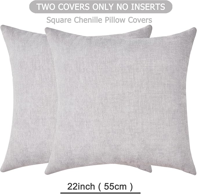 GAWAMAY Decorative Square Throw Pillow Covers 22"x22" Inch Set of 2, Super Soft Chenille Pillows Farmhouse Fall Pillowcase for Living Room Bedroom Sofa Couch Cushion Cover Light Grey 55x55cm