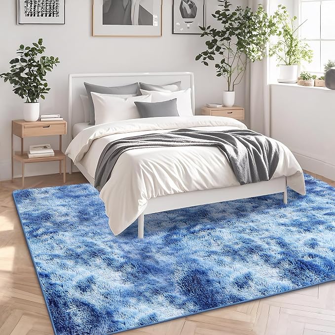 Tie-Dyed Blue Fluffy Shag Area Rug for Bedroom Living Room, 4x6 | Ultra Soft Comfy, Fuzzy Shaggy Plush Carpet for Nursery Boys Kids Girls Dorm, Modern Indoor Home Decor, Upgrade Non-Slip