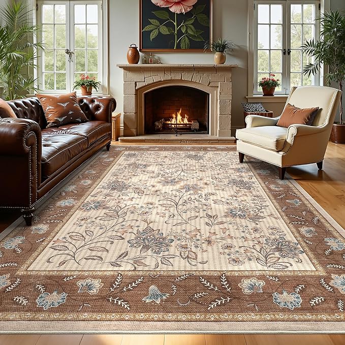 GarveeHome Large Area Rugs 10x13 for Living Room, Brown Washable Rug Soft Non Slip Backing Floor Mat Carpet Indoor Botanical Floral Rug for Bedroom Dining Room Playroom Nursery Room