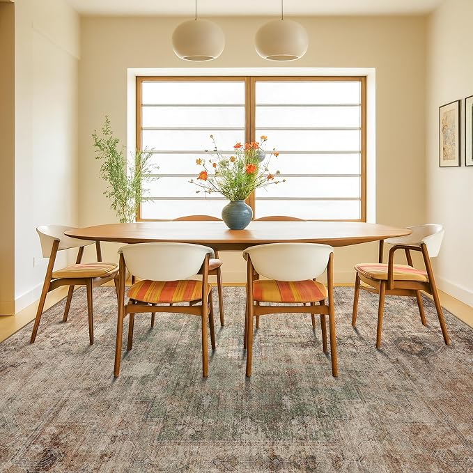 Hazo Haus Vintage Distressed Medallion Area Rug for Living Room – 10x12 Green Brown Large Washable Rug for Bedroom & Dining Room Under Table, Ultra-Thin Soft Non-Slip Lightweight Printed Design