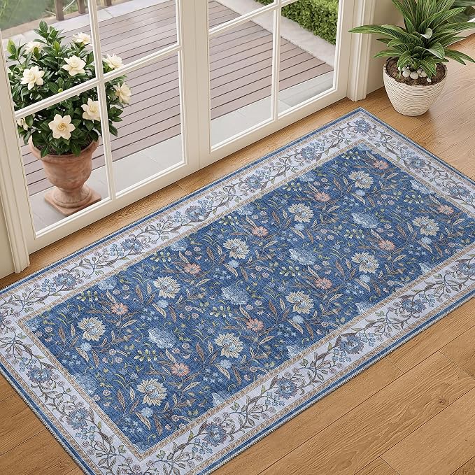 DUKINO 2x4 Rug, Washable Vintage Floral Entryway Rug Non Slip, Sky Blue | Low Pile, Non-Shedding, Stain Resistant Boho Lightweight Soft Indoor Carpet for Kitchen Bathroom Hallway Laundry Farmhouse