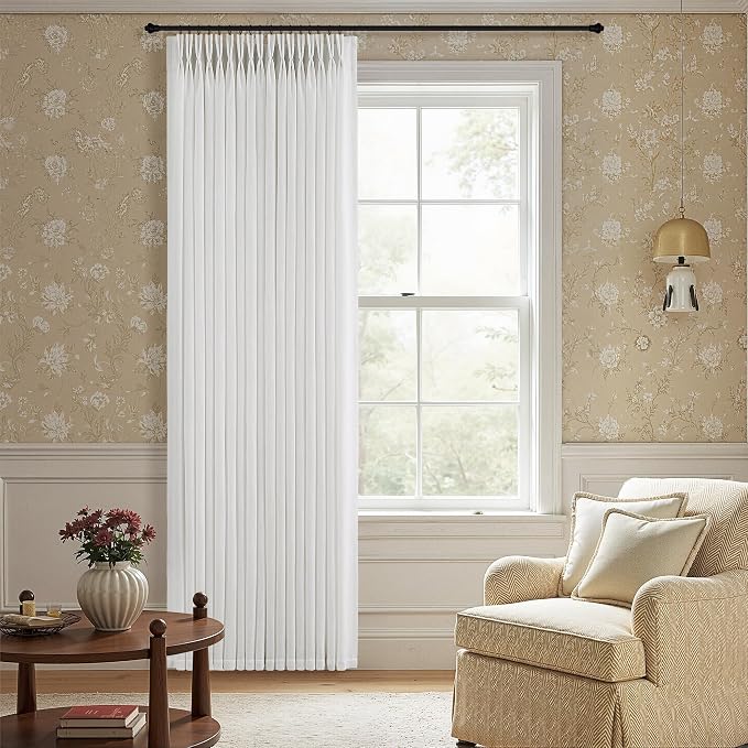 80 Inch Extra Wide Pinch Pleated Curtains 108 Inch Length for Living Room Large Window Drapes Light Filtering Privacy for Bedroom Back Tab with Hooks Clip Rings Beige White 80W x 108L