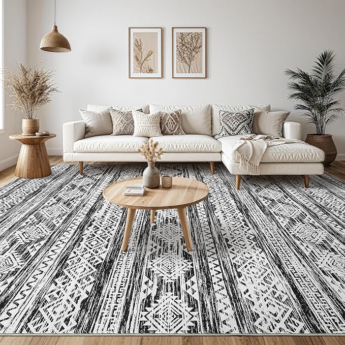 Tortania Area Rug Living Room Rugs - 5x7 Washable Large Soft Neutral Boho Moroccan Bohemian Farmhouse Rug Indoor Floor Carpet for Bedroom Under Dining Table Home Office Decor - Black White