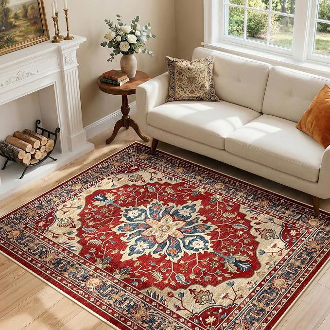 RELEANY Washable Area Rug, 4'x6', Red/Blue | Non-Slip, Water Repellent, Pet Friendly, Easy to Clean, Vintage Floral Boho Decor for Living Room Bedroom Kitchen Office