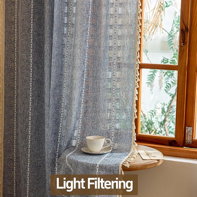 Boho Curtains 90 Inches Long 2 Panels for Bedroom Windows, Bohemian Semi Sheer Drapes, Farmhouse Privacy Beige Tassels Vintage Chic Drape Embroidery Window Treatments,Back Tab & Rod pocket Denim Blue