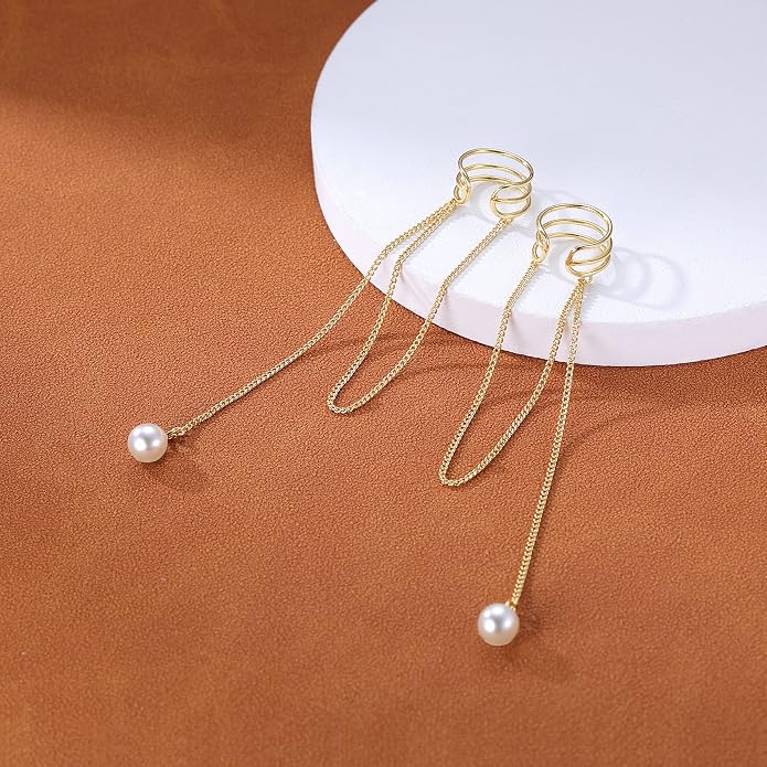 SLUYNZ 925 Sterling Silver No Piercing Cuff Earrings Chain for Women Wrap Earrings Pearl Tassel Clip On Ear