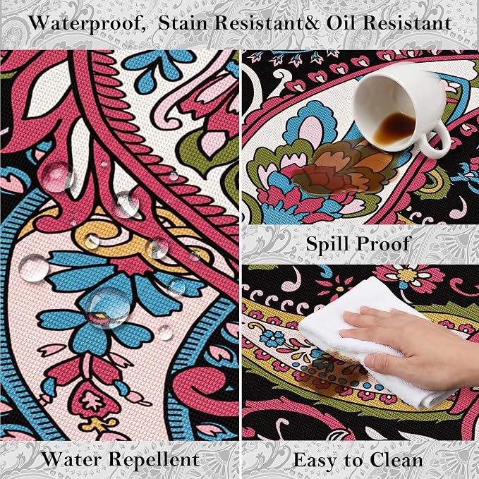 Arenarug Paisley Outdoor Rug Waterproof 9x12, UV Resistant Non Slip Patio Rug, Indoor Outdoor Boho Camping Rug Linen-Look RV Carpet for Deck Balcony Backyard, Magenta‌