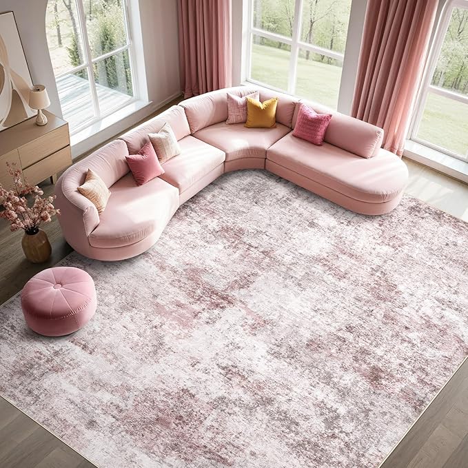 UERMEI 6x9 Washable Area Rug - Neutral Modern Abstract Living Room Rugs, Non-Slip Soft Large Indoor Floor Carpet for Bedroom Home Office & Under Dining Table Decor, Pink Grey