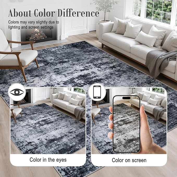 5x8 Area Rug Living Room Rug: Washable Modern Abstract Soft Thin Rug Indoor Floor No Slip Stain Resistant Carpet for Bedroom Dining Room Farmhouse Nursery Home Office - Black