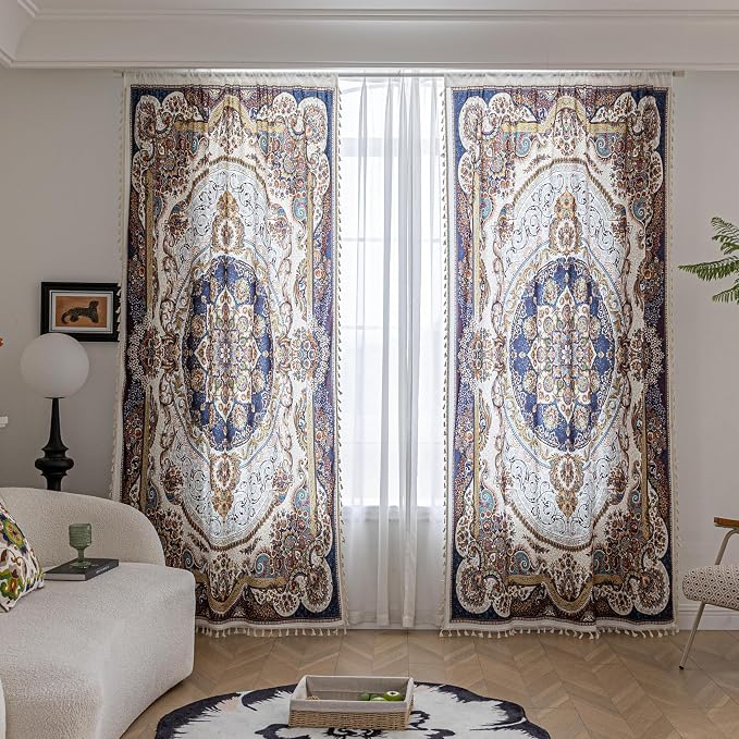 Blue Brown Medallion Curtains 84 Inches Long, Vintage Paisley Boho Farmhouse Light Filtering Rod Pocket Drapes with Tassel Trim for Bedroom Living Room, 2 Panels