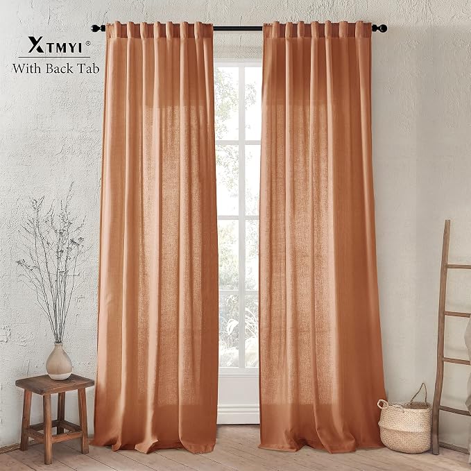 XTMYI Rusty Burnt Orange Curtains 2 Panels,Sheer Linen Medium Dusty Mecca Ocher Tone Rustic Cabin Curtains for Bedroom Living Room,108 Inches Long,Light Brown Red